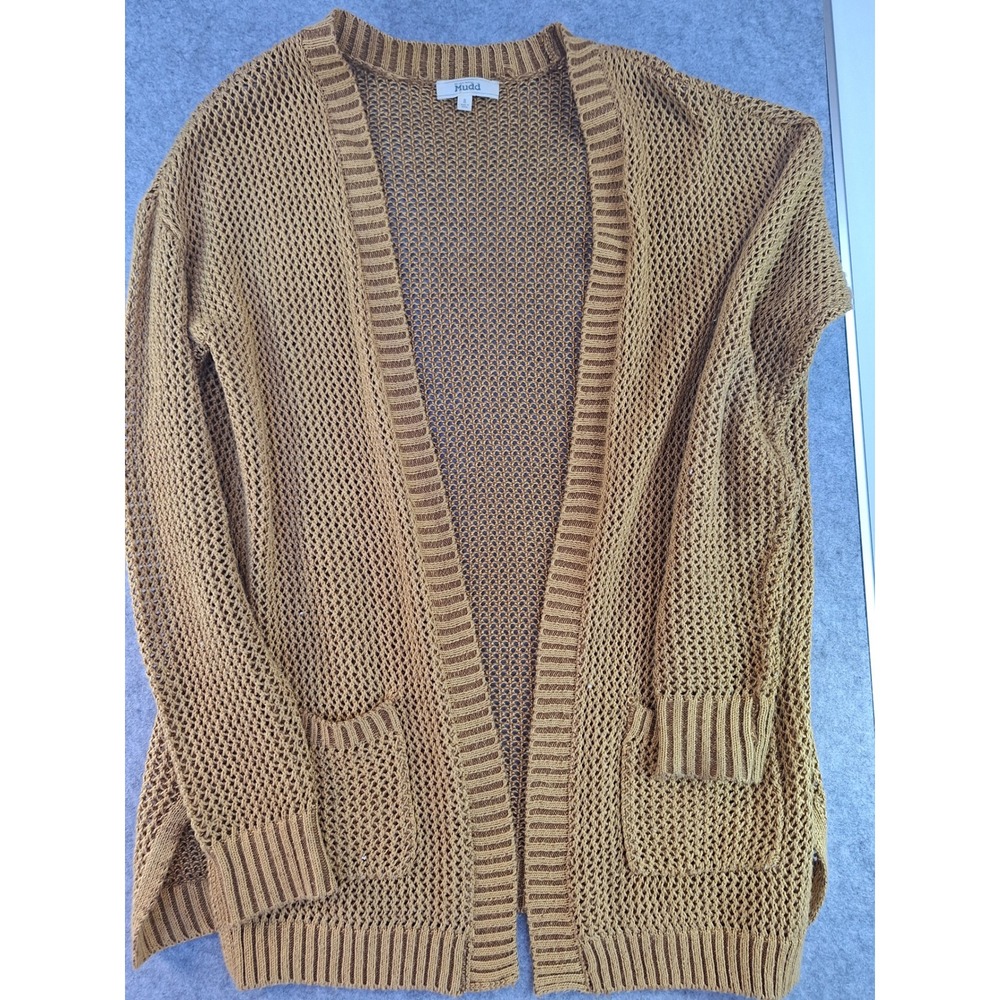 Mudd Womens Mustard Yellow Open Knit Crochet Cardigan Sweater Gold Small